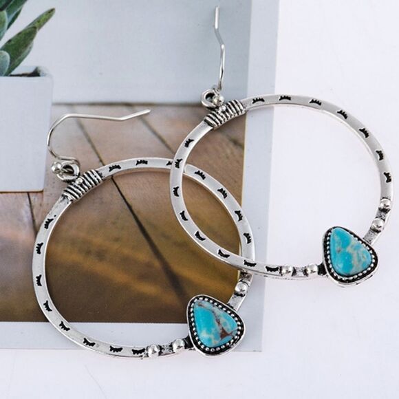 Cute Turquoise Hoops Silver Southwest Earrings New - Picture 5 of 5